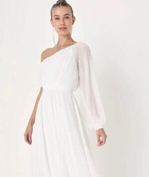 New Lulus Always Loving You White Pleated One-Shoulder Midi Dress Sz L #